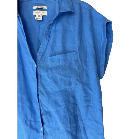 Rachel Zoe Linen Shirt Blue Button Up Casual Short Sleeve Lagenlook Medium - Picture 4 of 11